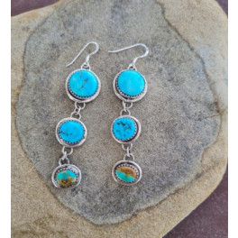 Lange Navajo Ohrringe mit 3 Türkisen "Triple Turquoise"