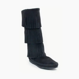 Mokassin Fransen-Stiefel 3 Lagen in schwarz
