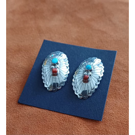 Ovale, grosse Türkis/Koralle Ohrstecker 