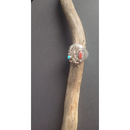 Adler Ring der Navajo mit Türkis und Koralle, Gr. 11