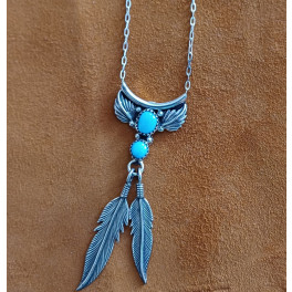 Navajo Silberschmuck: Türkis-Collier mit 2 Steinen und mit Federn