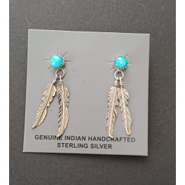 Schlichte Ohrstecker Türkis mit 2 Federn