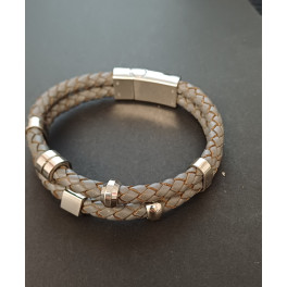 Lederarmband mit Edelstahl, zweireihig, grau