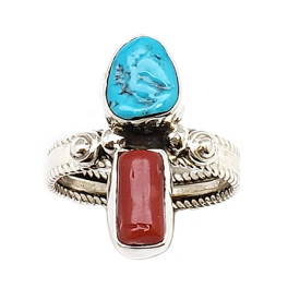 Ring der Navajo mit  Türkis und Koralle Einzelstück