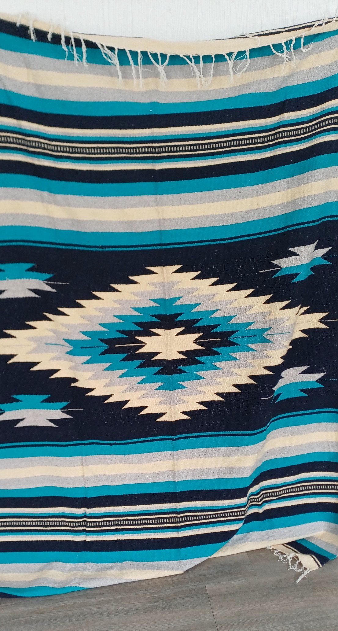 Schwere, original mexikanische Decke/Teppich aus 100 % Wolle in Blautönen