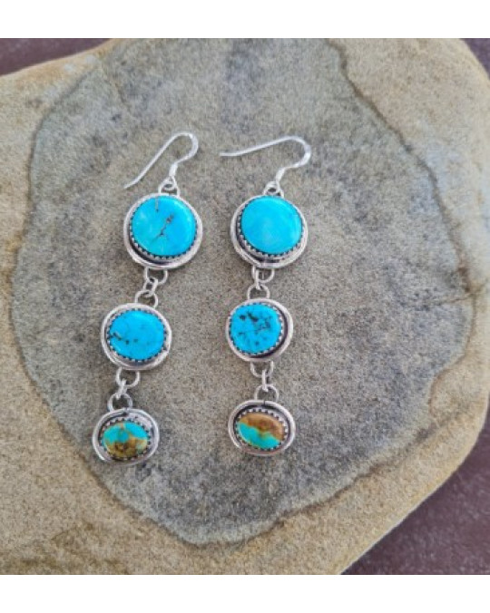 Lange Navajo Ohrringe mit 3 Türkisen "Triple Turquoise"