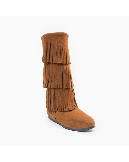 Mokassin Fransen-Stiefel 3 Lagen in cognac-braun
