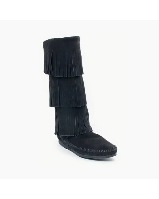 Mokassin Fransen-Stiefel 3 Lagen in schwarz