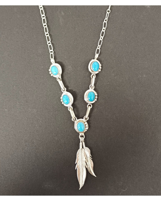 Navajo Silberschmuck: Türkiskette mit Federn