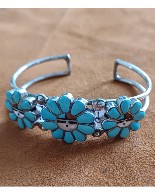 Zuni Armreif für Damen mit Inlay "Sunface" 3 Blumen!