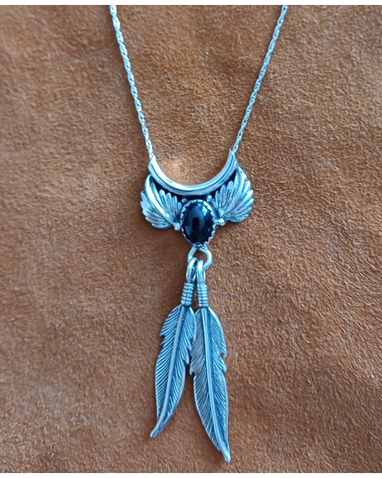 Navajo Silberschmuck: Onyx-Collier mit Federn