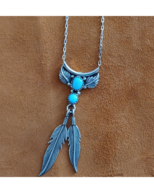 Navajo Silberschmuck: Türkis-Collier mit 2 Steinen und mit Federn