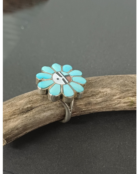 Zuni Inlayring, Sunface, Gr. US 7.5