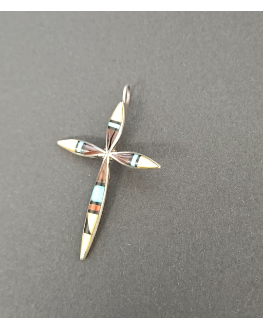 Anhänger  Kreuz mit filigraner Inlay Arbeit, Zuni Handarbeit