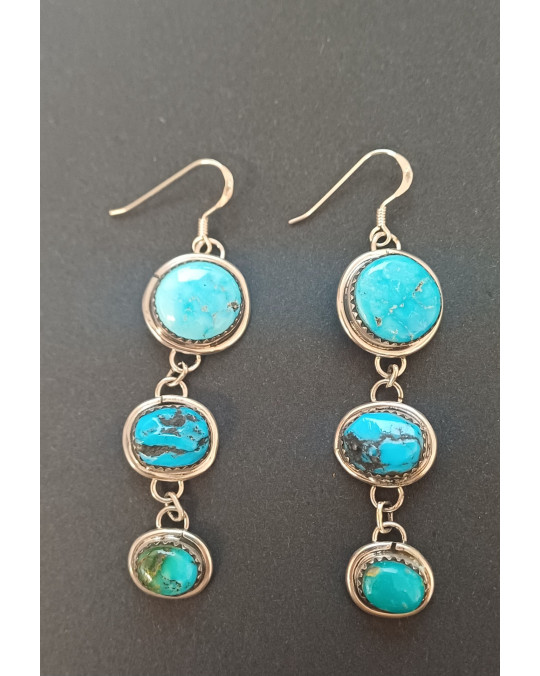 Lange Navajo Ohrringe mit 3 Türkisen "Triple Turquoise"- 3