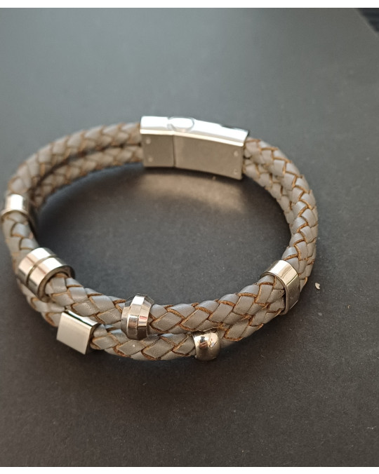 Lederarmband mit Edelstahl, zweireihig, grau