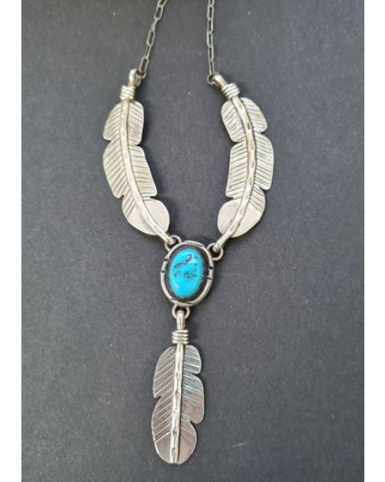 Navajo Silberschmuck: Türkiscollier mit 3 Federn