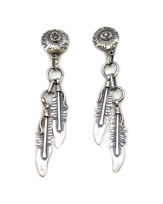 Navajo Ohrringe Concha mit 2 Federn, auf alt gemacht