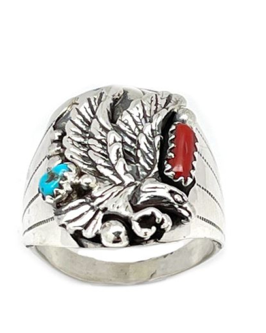 Adler Ring der Navajo mit Türkis und Koralle, Gr. 11