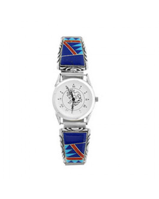 Grosse Lapis/Türkis/Koralle Inlay Uhr 